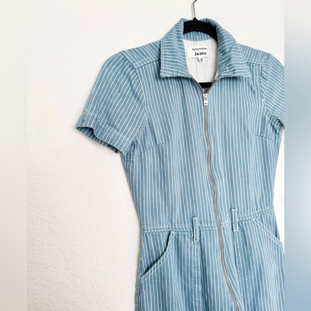 Reformation Cassidy Denim Jean Striped Zip Jumpsuit - Picture 4 of 7
